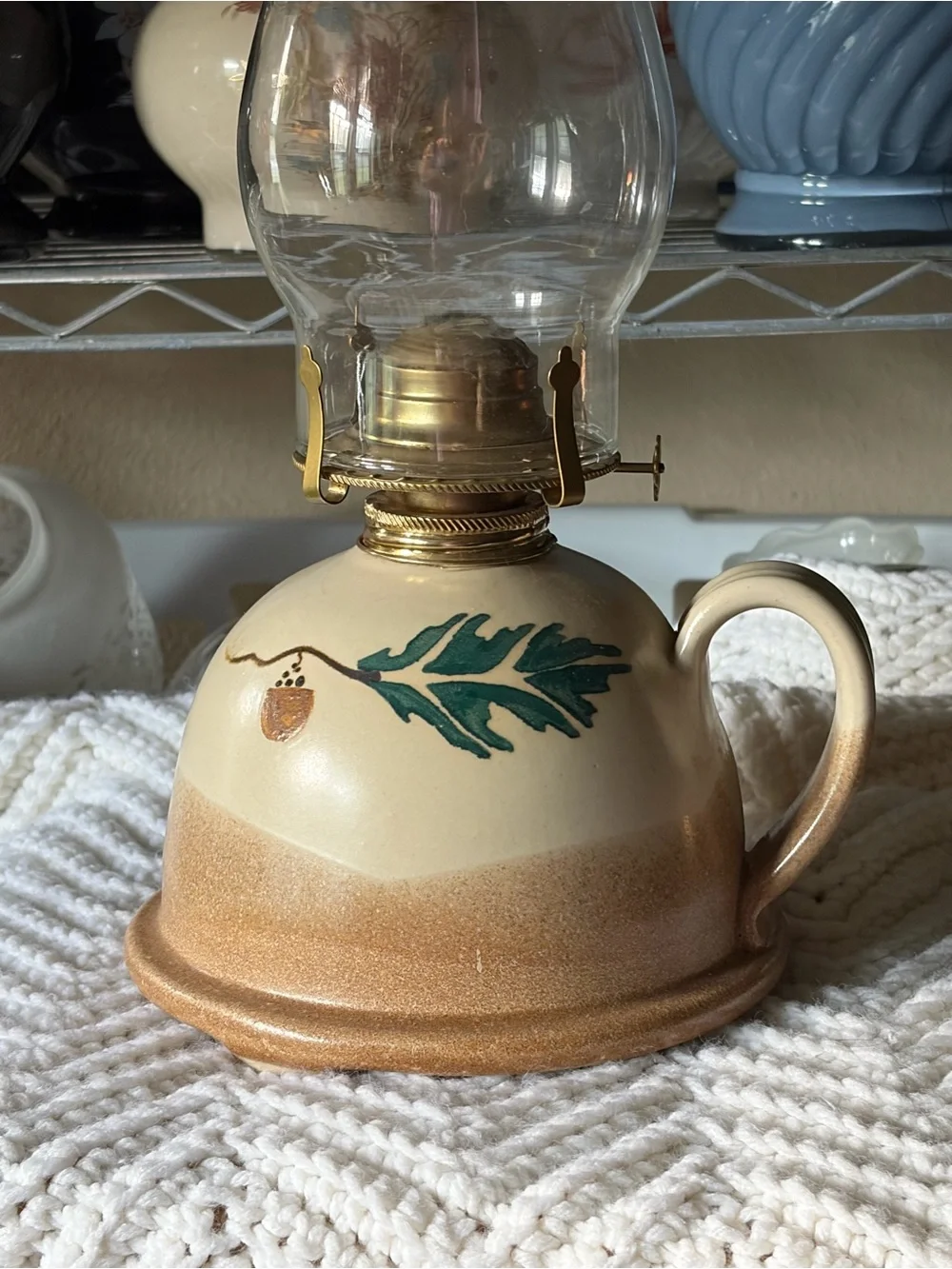 Vintage Stoneware Oil Lamp with Hand-Painted Acorn & Oak Leaf Motif